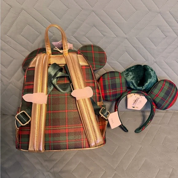 Loungefly Disney Red and Green Plaid Mini Backpack with matching Disney ears. - Picture 2 of 2